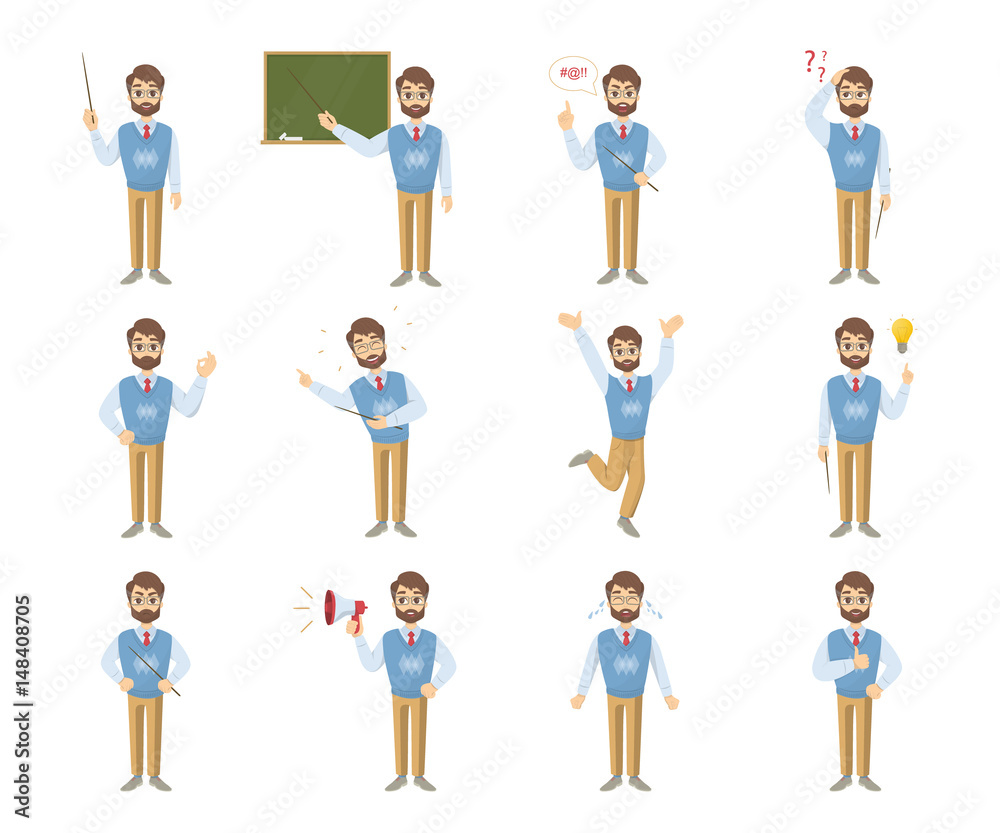 Male teacher emoji set on white background with funny emotions and expresiions.