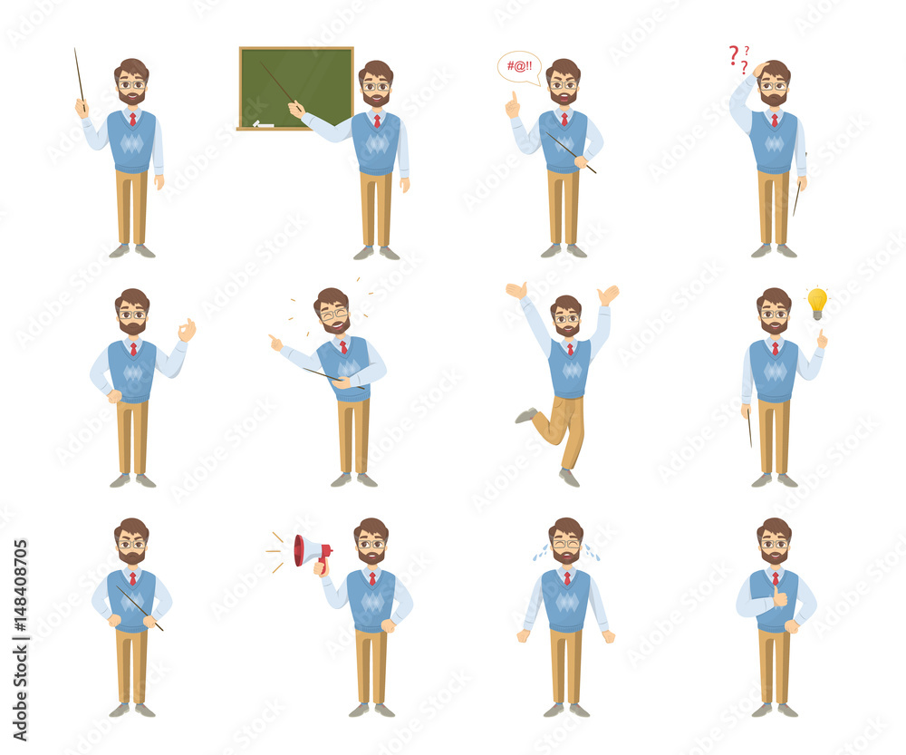 Male teacher emoji set on white background with funny emotions and expresiions. Male teacher emoji set on white background with funny emotions and expresiions.