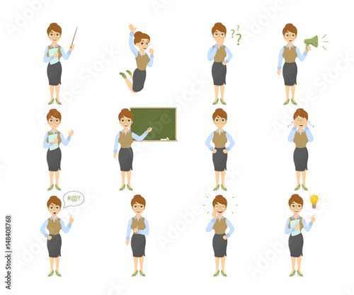 Female teacher emoji set on white background with funny emotions and expresiions.