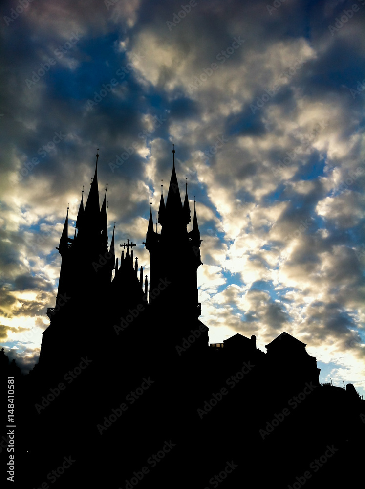 Silhouette of the Church of Our Lady on the sky background