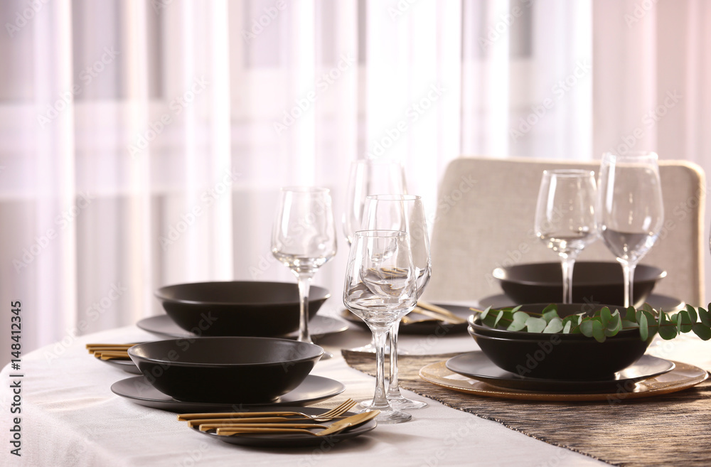 Table with beautiful setting in restaurant, closeup Table with beautiful setting in restaurant, closeup