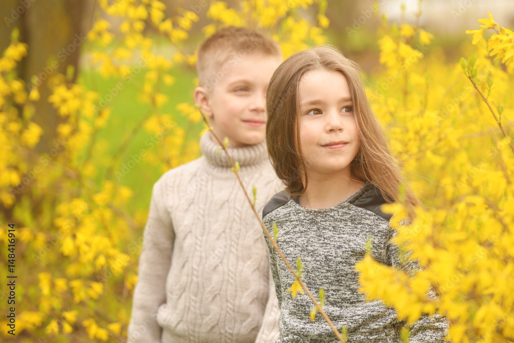 Pretty little girl and cute boy walking in spring park Pretty little girl and cute boy walking in spring park