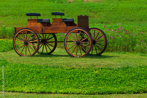 Wooden wagon in flower garden for decoration.