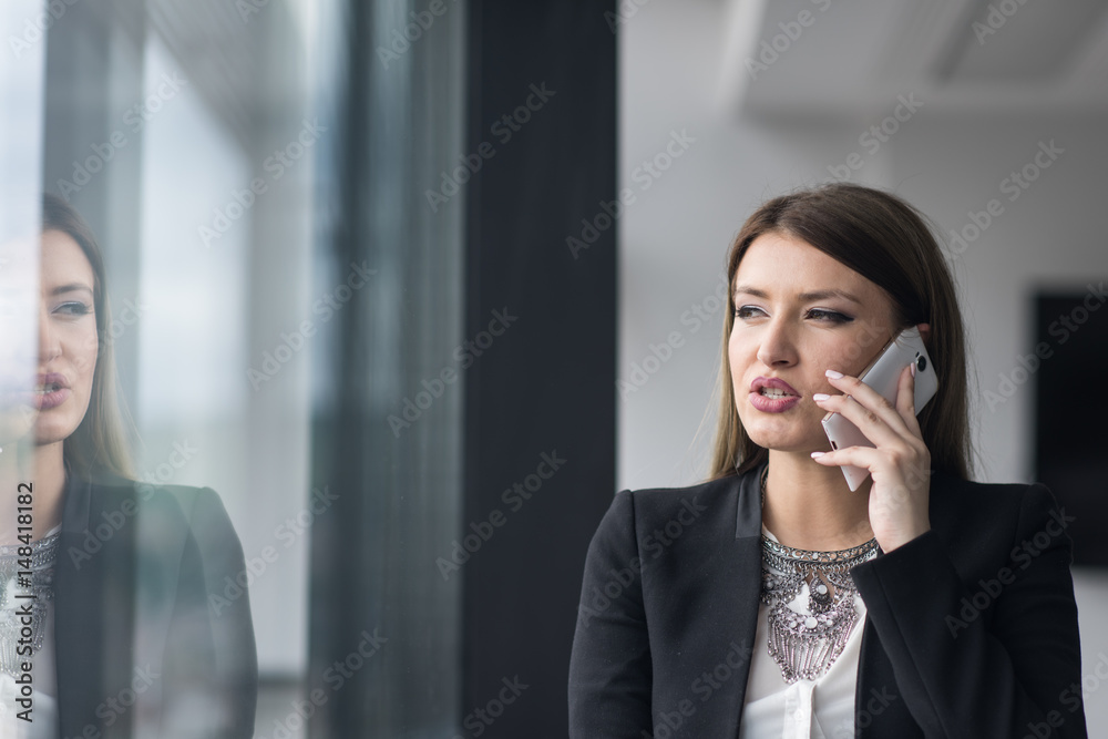 Business Girl Standing In A Modern Building Near The Window With Phone Business Girl Standing In A Modern Building Near The Window With Phone