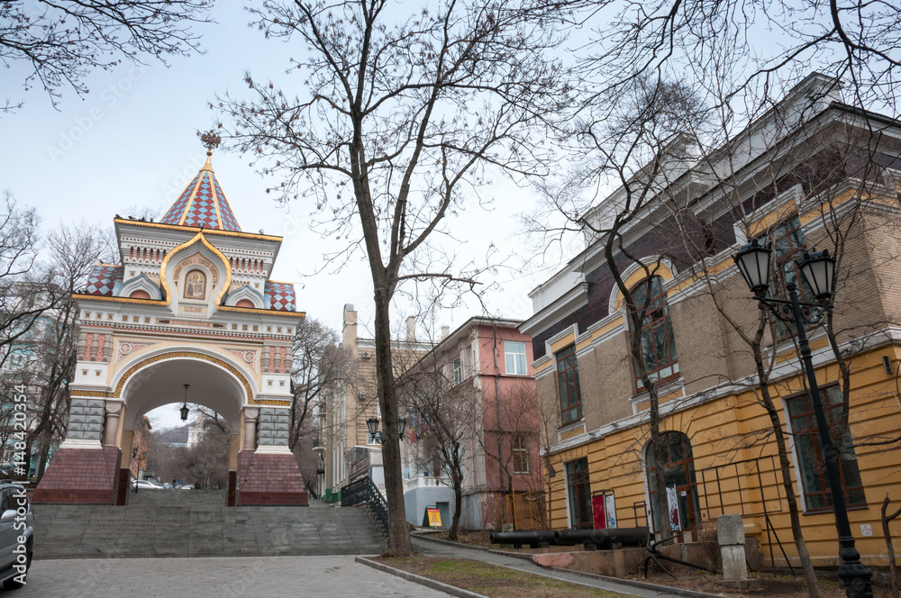 Naklejka premium Russia, Vladivostok, April 8: triumphal arch in honor Tsarevich Romanov