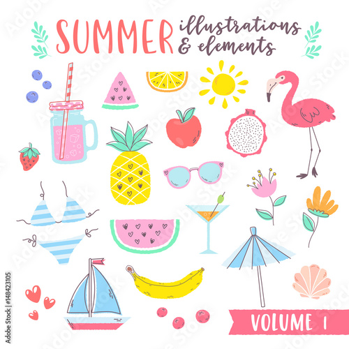 Summer design illustrations with fruits, tropical and beach elements.