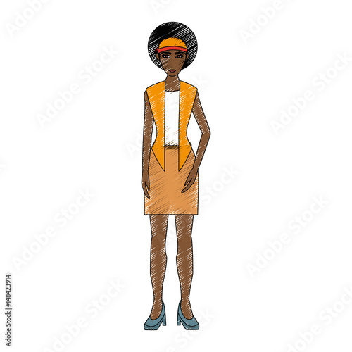 color pencil cartoon full body woman brunette with afro hairstyle vector illustration