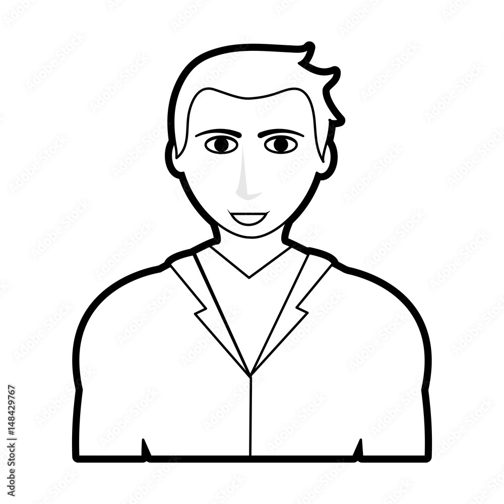 Half body young man with light skin tone and dark colored hair wearing  jacket outer, shirt, and black tie vector illustration isolated on square  background. Simple flat outlined cartoon anime style. 28135113