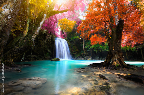 Deep forest Waterfall in autumn