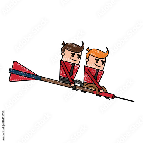 color pencil cartoon teamwork riding an arrow to direction vector illustration