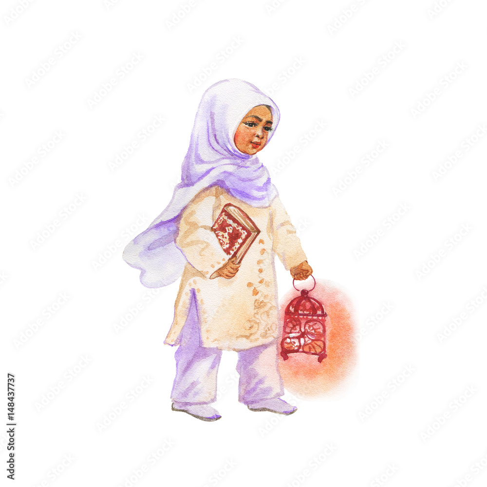 Hand drawn arabian little girl with lantern. Watercolor ramadan kareem illustration isolated on white background Hand drawn arabian little girl with lantern. Watercolor ramadan kareem illustration isolated on white background