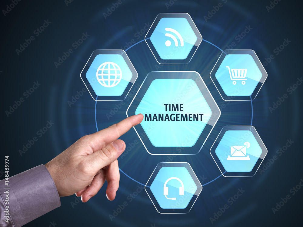 Business, Technology, Internet and network concept. Young businessman shows the word: Time management Business, Technology, Internet and network concept. Young businessman shows the word: Time management