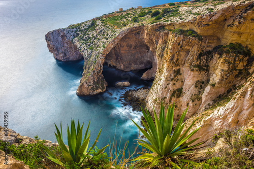 Malta - The famous arch of Blue Grotto cliffs with green leaves
