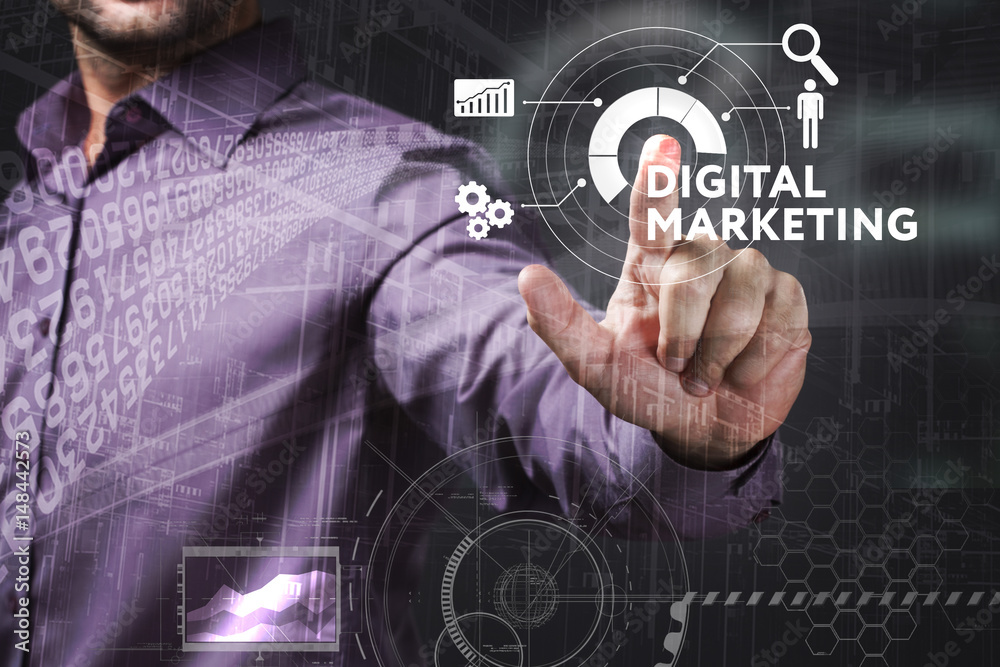 Business, Technology, Internet and network concept. Young businessman working on a virtual screen of the future and sees the inscription: Digital Marketing Business, Technology, Internet and network concept. Young businessman working on a virtual screen of the future and sees the inscription: Digital Marketing