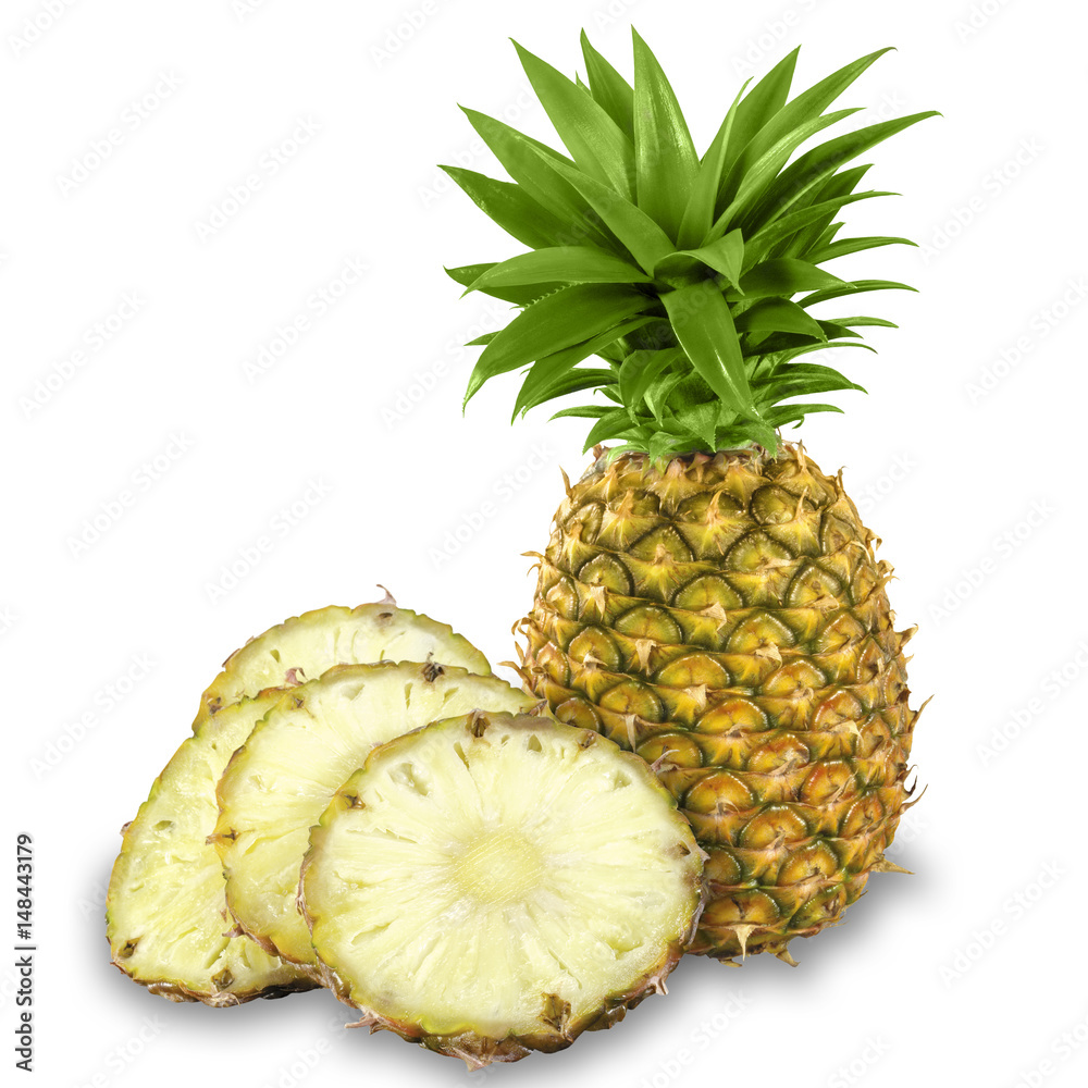 Fresh Yellow Organic whole Pineapple and cut into slices, Isolated against a bright white background. Fresh Yellow Organic whole Pineapple and cut into slices, Isolated against a bright white background.