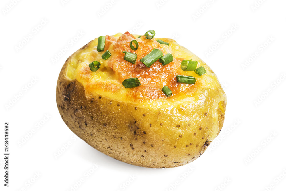 Close up of a hot baked potato topped with sour cream, bacon, green onions and cheddar cheese. Close up of a hot baked potato topped with sour cream, bacon, green onions and cheddar cheese.