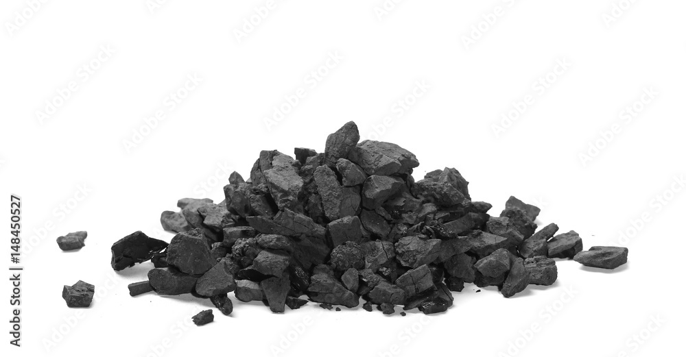 pile black coal isolated on white background - obrazy, fototapety, plakaty 