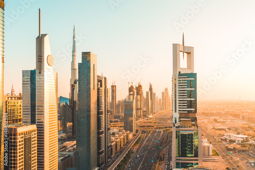 Scenic view of Dubai and Sheikh Zayed road in Dubai, UAE. photo