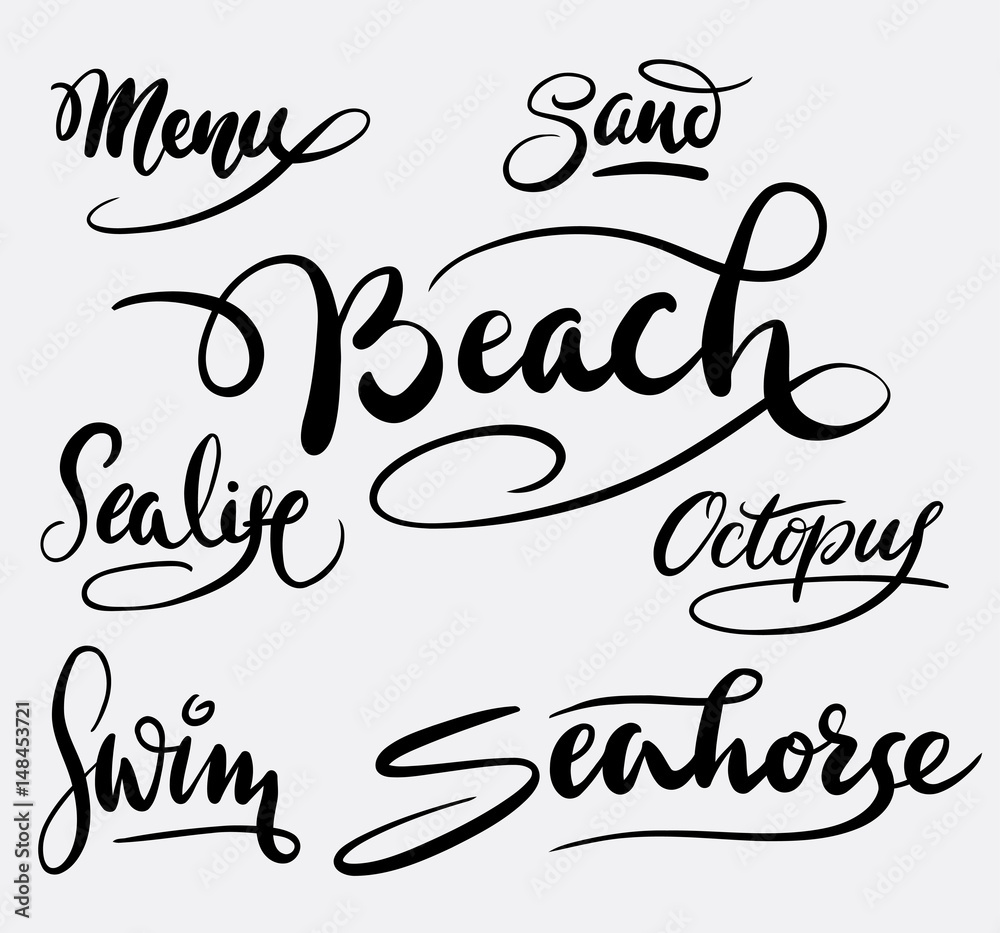 Beach and sea life hand written typography. Good use for logotype, symbol, cover label, product, brand, poster title or any graphic design you want. Easy to use or change color
