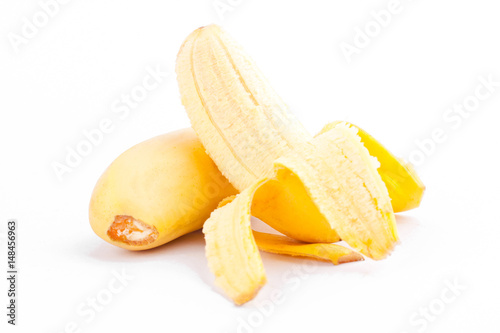  peeled egg banana and  ripe Golden bananas  on white background healthy Pisang Mas Banana fruit food isolated
