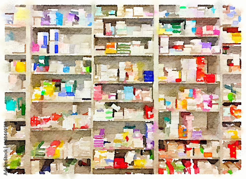 Digital watercolor painting of boxes of medicine on shelves at a pharmacist. 
