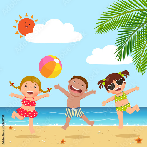 Happy kids jumping on the beach