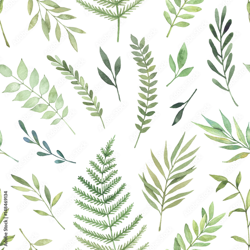 Hand drawn watercolor illustration. Botanical background with green leaves, branches and herbs. Floral Design elements. Perfect for wedding invitations, greeting cards, textiles, prints, posters Hand drawn watercolor illustration. Botanical background with green leaves, branches and herbs. Floral Design elements. Perfect for wedding invitations, greeting cards, textiles, prints, posters