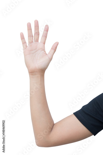 right hand a woman show hi five, greet, stop, slow down, empty, number five, the fifth sign, a long hand with upper arm and elbow. isolated on white background