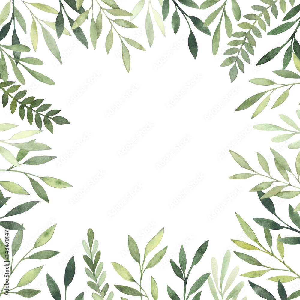 Hand drawn watercolor illustration. Botanical Square frame with green leaves, branches and herbs. Floral Design elements. Perfect for wedding invitations, greeting cards, prints, posters, packing etc Hand drawn watercolor illustration. Botanical Square frame with green leaves, branches and herbs. Floral Design elements. Perfect for wedding invitations, greeting cards, prints, posters, packing etc