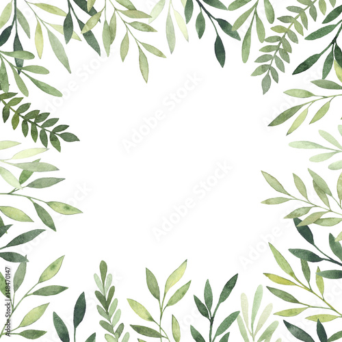 Hand drawn watercolor illustration. Botanical Square frame with green leaves, branches and herbs. Floral Design elements. Perfect for wedding invitations, greeting cards, prints, posters, packing etc