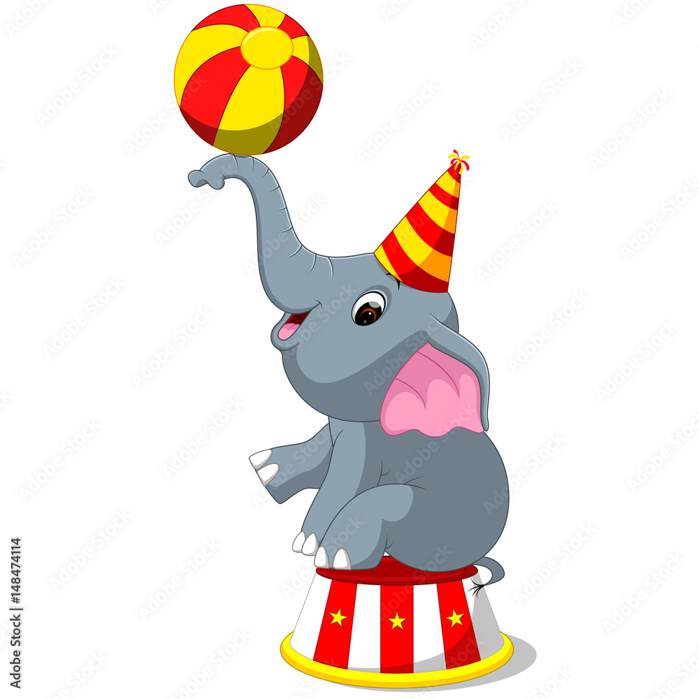 Fototapeta premium Cute Circus elephant with a striped ball stands on a podium