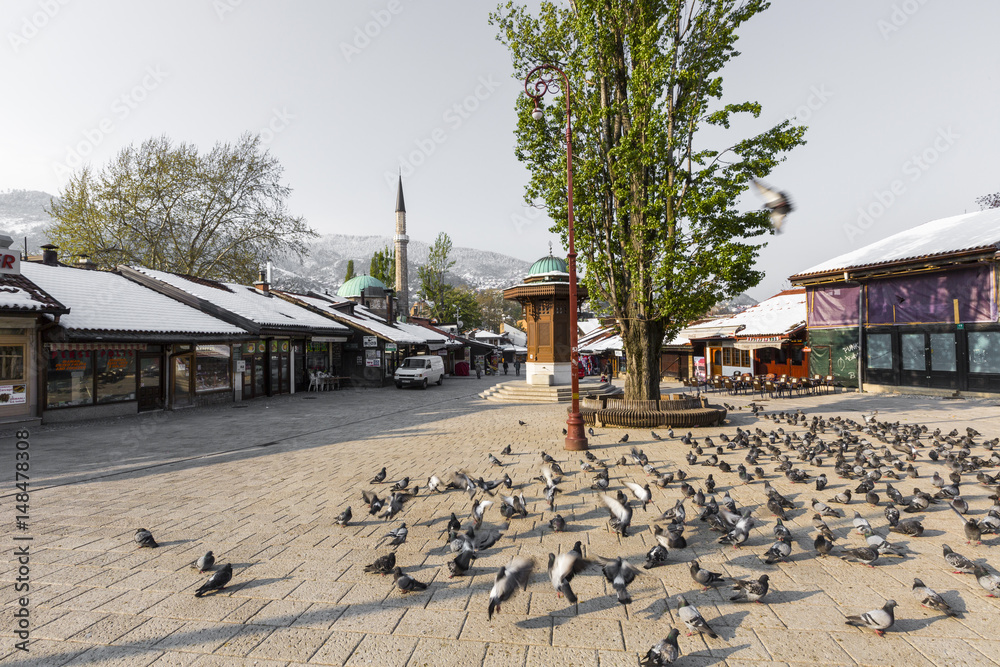 Bascarsija square with Sebilj wooden fountain in Old Town Sarajevo, capital city of Bosnia and Herzegovina