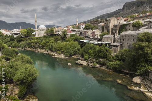 Panorama from The Old Bridge in Mostar in a beautiful summer day, Bosnia and Herzegovina.