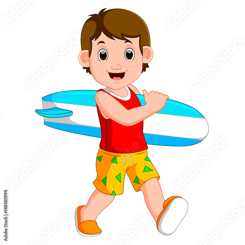 Cartoon little kid holding surfboard
