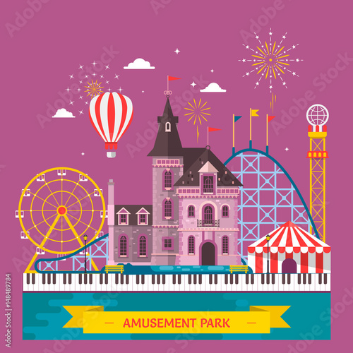 Amusement park with attraction and rollercoaster, tent with circus, carousel or round attraction, merry go round, ferris wheel Vector illustration
