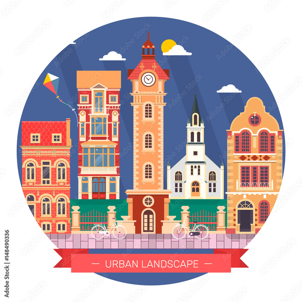 Flat design urban landscape and city life Building icon