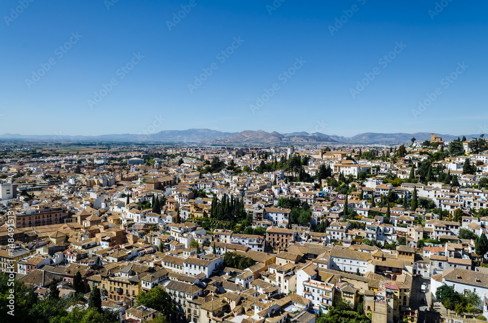 View of the ancient and modern buildings of Granada from the Alhambra, October 2016, Andalusia, Spain 