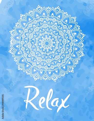 Mandala vector illustration with hand drawn lettering. Namaste, relax, harmony, balance lettering on round mandala. Circle ethnic ornament background.