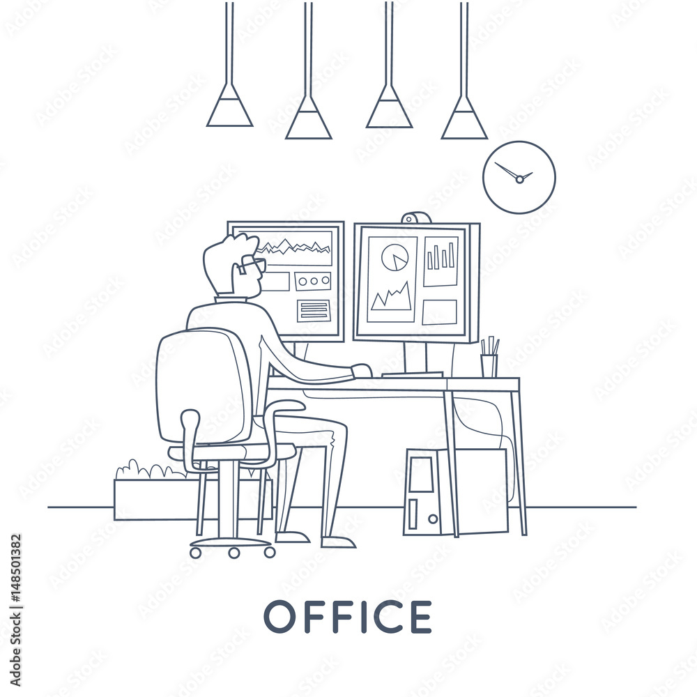 Fototapeta premium Young man working on the computer programmer, business analysis, design, strategy. Thin line. Flat vector illustration in cartoon style.