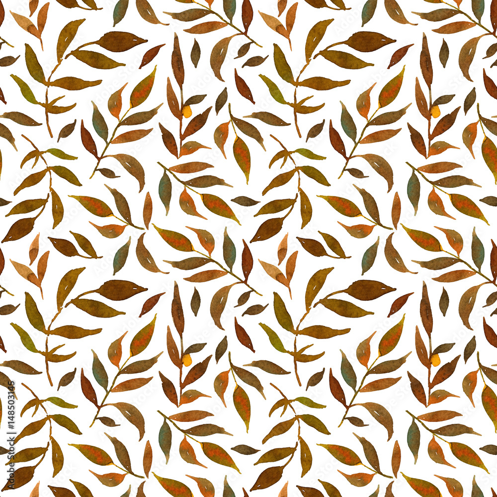 Seamless pattern with watercolor mustard leaves on white background. Illustration can be used for gift wrapping, background of web pages, as a print for any printing products.