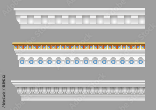 A set of classical cornices for the walls of buildings. Stucco molding. Vector graphics