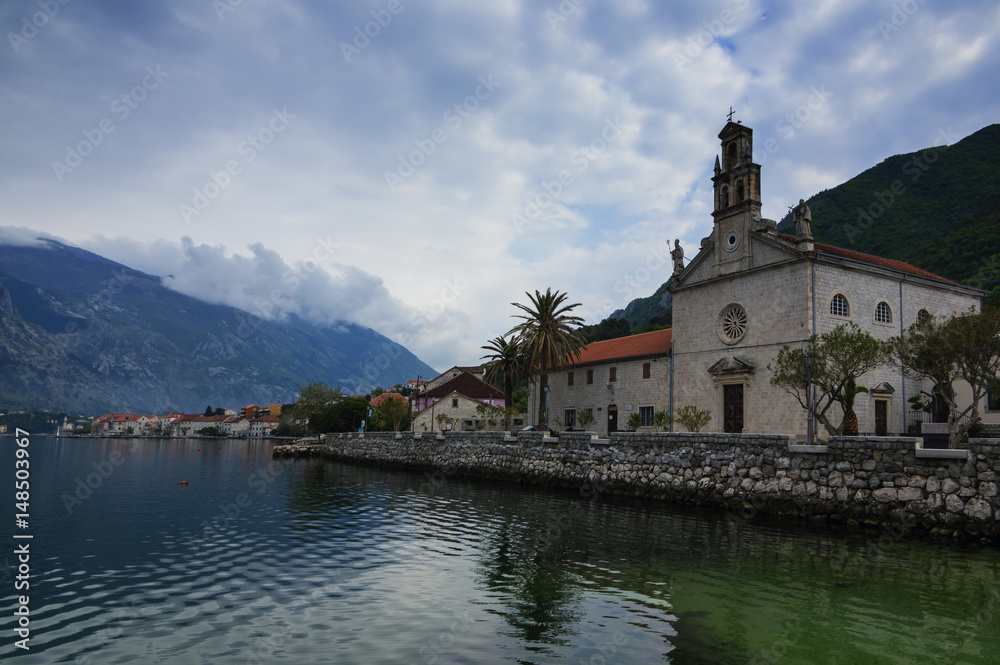 Evening landscape with Church in Kotor Bay, Montenegro