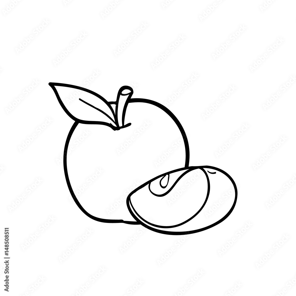 Apple and a slice next to it. Line drawing for coloring and schooling. Apple and a slice next to it. Line drawing for coloring and schooling.