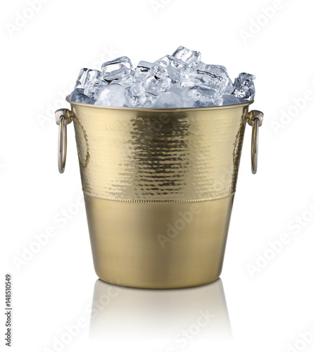 Golden champagne bucket, full with ice. Isolated on white
