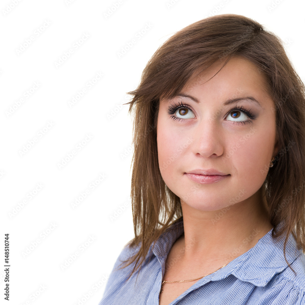 Closeup portrait of dreamy woman isolated on white Closeup portrait of dreamy woman isolated on white