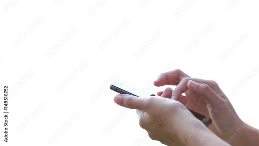 Closeup woman hands using smart phone speed touchscreen.