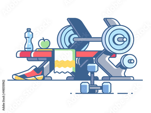 Sports and fitness. Dumbbells and barbells in gym. Vector illustration