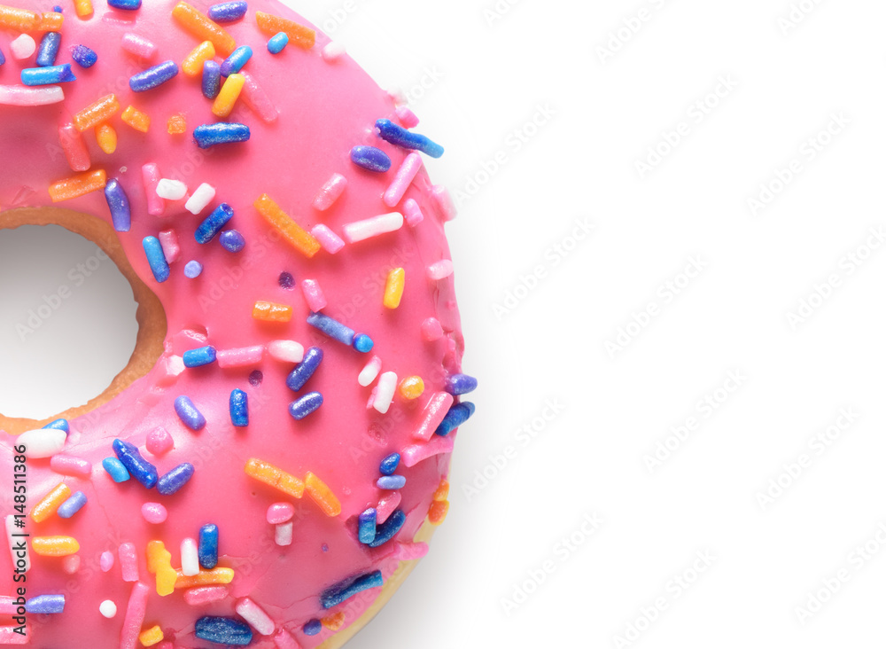 Close up pink donut isolated on white background