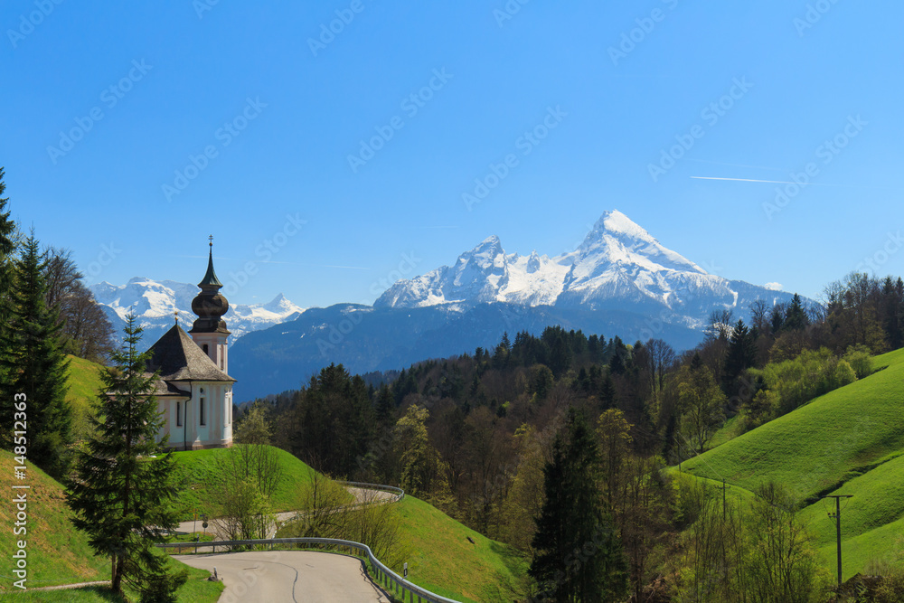 Maria Gern with Mountain Watzmann on a spring day, panorama