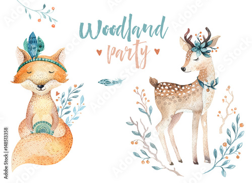 Cute baby fox and deer animal for kindergarten  nursery isolated illustration for children clothing  pattern. WatercolorHand drawn boho image Perfect for phone cases design  nursery posters  postcard